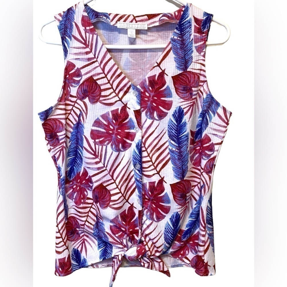 Juniper +Lime Sleeveless Floral Leaf  Tank Front Tie Womens Size Small